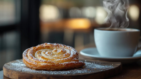 A close-up of a puff pastry palmier sprinkled with sugar, placed next to a steaming coffee cup, with a blurred background of a cozy, rustic cafacsettingの素材