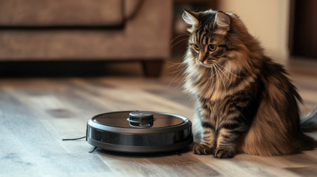 A fluffy cat sitting next to a robotic vacuum cleaner on a wooden floor, looking intrigued as the device moves around the room, capturing the contrast of modern tech and petsの素材