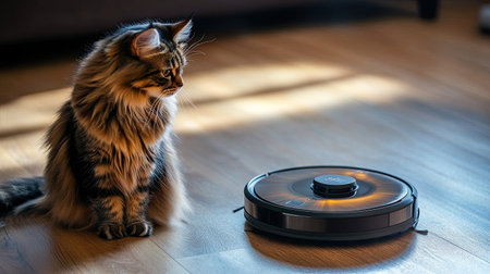A fluffy cat sitting next to a robotic vacuum cleaner on a wooden floor, looking intrigued as the device moves around the room, capturing the contrast of modern tech and petsの素材