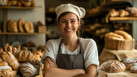 A happy female baker posing in a cozy bakery shop, surrounded by the aroma of fresh bread and pastries, with a warm, inviting smileの素材