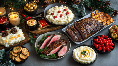 A cozy Christmas dinner spread with roasted meat, creamy mashed potatoes, festive appetizers, and desserts, all arranged on a grey table for a holiday vibeの素材