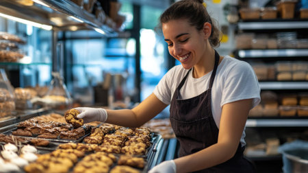 A female bakery worker smiling as she carefully places freshly baked cookies in a display case, with the shopaes shelves filled with tempting sweetsの素材