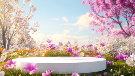 A graceful beauty podium stands amidst a field of blooming spring flowers, 3D rendering with bright colors and soft shadows enhancing the natural beauty.の素材