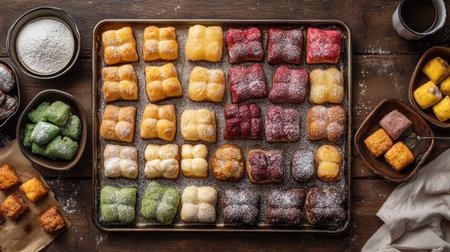 A diverse selection of cromboloni on a baking tray, featuring options like apple-cinnamon, matcha, and red velvet, with a light dusting of sugar on a rustic tableの素材