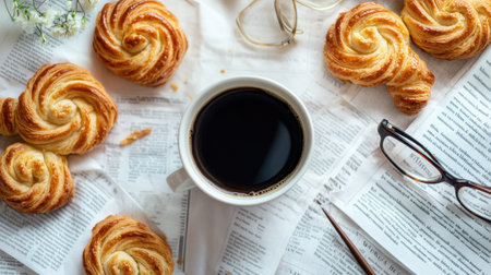 A flat lay of a coffee cup surrounded by neatly arranged puff pastry palmiers, with a newspaper, glasses, and a pen on the side, evoking a peaceful morning routineの素材