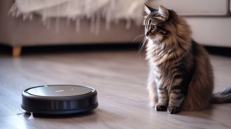A fluffy cat sitting next to a robotic vacuum cleaner on a wooden floor, looking intrigued as the device moves around the room, capturing the contrast of modern tech and petsの素材