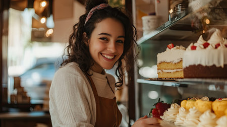 A joyful young woman in a cake shop, smiling as she places a fresh cake in the display case, with the shopaes decor adding to the cozy, welcoming vibeの素材