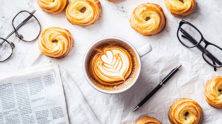 A flat lay of a coffee cup surrounded by neatly arranged puff pastry palmiers, with a newspaper, glasses, and a pen on the side, evoking a peaceful morning routineの素材