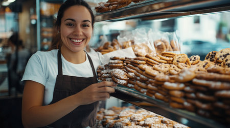 A happy bakery worker arranging fresh cookies on a shelf, her display filled with other baked sweets, as she prepares the shop for a busy dayの素材