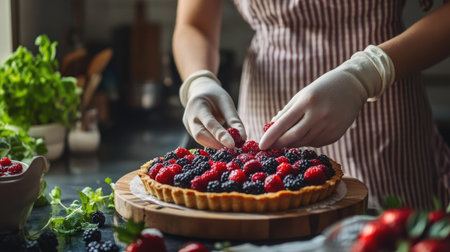 A joyful housewife, gloves on, arranging fresh berries on a tart with care, her kitchen filled with the warmth and aroma of homemade bakingの素材