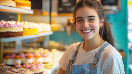 A happy young woman in a cake shop, smiling warmly at the camera, with colorful cakes and sweets displayed around her, creating a welcoming atmosphereの素材