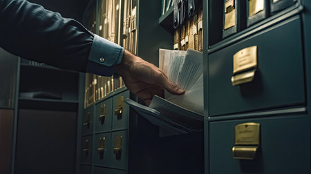 A man's hand reaching into a file cabinet, searching for paperwork, in a modern business office environmentの素材