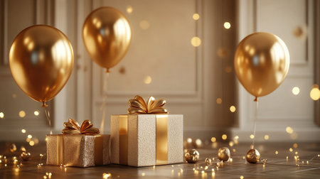 A luxurious birthday celebration with shimmering gold balloons and elegantly wrapped gifts, set against a refined and stylish background.の素材