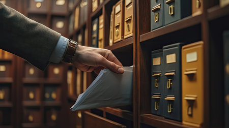 A man's hand reaching into a file cabinet, searching for paperwork, in a modern business office environmentの素材