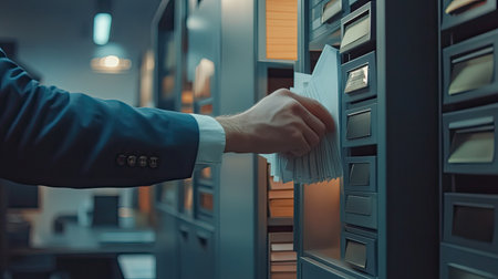 A man's hand reaching into a file cabinet, searching for paperwork, in a modern business office environmentの素材