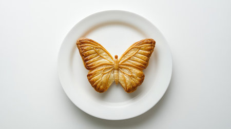 A solitary butterfly cake, golden and flaky, centered on a white plate with a clean white backdrop, capturing the simplicity and elegance of this classic pastryの素材