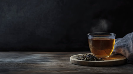 A minimalist setup with a glass of hot tea and a wooden plate of dried tea leaves on a wooden table, against a dark black background, perfect for a moody, cozy atmosphereの素材