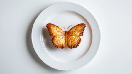 A solitary butterfly cake, golden and flaky, centered on a white plate with a clean white backdrop, capturing the simplicity and elegance of this classic pastryの素材