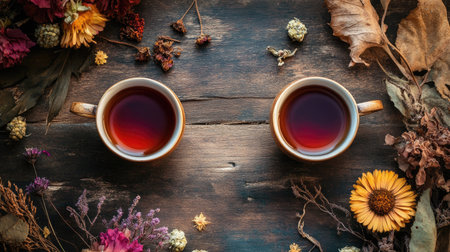 A serene autumn background with two tea cups filled with Chernobrovtsi-infused herbal tea, surrounded by dried flowers and rustic wooden elements, promoting the health benefits of herbal remediesの素材