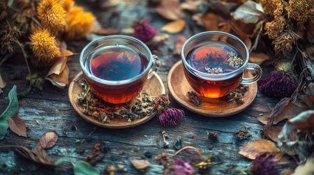 A serene autumn background with two tea cups filled with Chernobrovtsi-infused herbal tea, surrounded by dried flowers and rustic wooden elements, promoting the health benefits of herbal remediesの素材