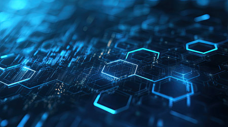 A sleek and futuristic technology background with 3D hexagonal shapes, digital lines, and a gradient blue backdrop, symbolizing advanced techの素材