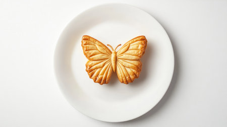 A solitary butterfly cake, golden and flaky, centered on a white plate with a clean white backdrop, capturing the simplicity and elegance of this classic pastryの素材