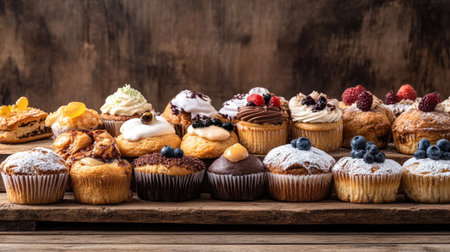 A rustic display of assorted pastries, including muffins and eclairs, on a wooden table, with space at the top or bottom for adding textの素材