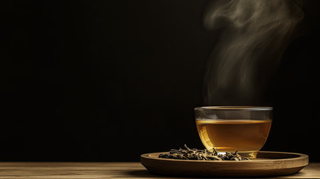 A simple, elegant composition of a steaming tea glass and dried tea leaves on a wooden plate, sitting on a wooden table, with a dark black background for contrastの素材