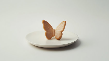 A simple, minimalist scene with a single butterfly cake on a white plate, isolated on a white background, highlighting the pastryaes elegant formの素材