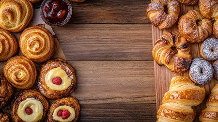 A variety of pastries displayed on a wooden table, from croissants to sweet rolls, with a clean space on the side for text or branding, ideal for a menu or flyerの素材