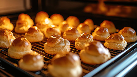 A tray of golden profiteroles rising in the oven, their round shapes expanding perfectly as they bake, capturing the anticipation of homemade cream puffs ready to be filled with rich creamの素材