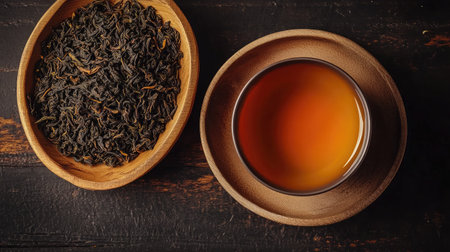 A top-down shot of a hot tea cup next to a wooden plate filled with dried tea leaves, placed on a rustic wooden table with a black background, highlighting the tea's rich aromaの素材