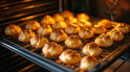 A tray of homemade profiteroles in the oven, their light, airy texture forming as they bake, with the oven door slightly open, letting the warm aroma escapeの素材