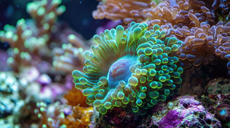 A vibrant bubble anemone with bulbous tentacles in shades of green and purple, nestled on a colorful tropical coral reefの素材