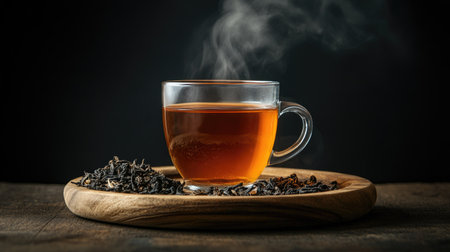 A warm, inviting scene featuring a hot tea glass with steam rising, accompanied by dried tea leaves on a wooden plate, set against a deep black backgroundの素材