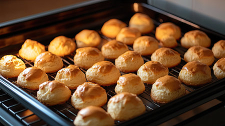 A tray of profiteroles baking in the oven, their light, fluffy texture forming, ready to be filled with cream and served as a delightful homemade treatの素材