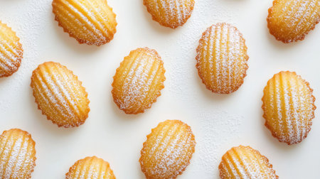 A top view of French madeleine cookies, delicate and buttery, dusted with icing sugar on a white background. A timeless pastry in a clean presentation.の素材
