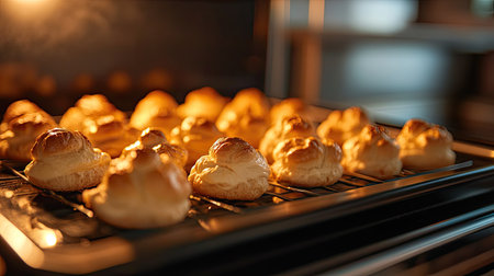 A warm kitchen scene with homemade cream puffs baking in the oven, their golden shells expanding and turning crisp, ideal for a festive dessertの素材
