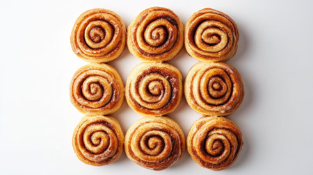 A top-down view of a batch of freshly baked cinnamon rolls, perfectly golden and swirled with cinnamon, isolated against a clean white background, emphasizing their rich texture and icingの素材