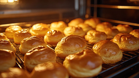 A view of profiteroles puffing up in the oven, the light from the oven casting a warm glow on their golden, crisp exteriors, capturing the joy of home bakingの素材