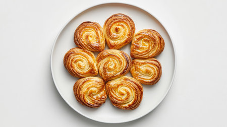 A top-down view of several palmiers arranged in a fan shape on a white plate, with no other elements, emphasizing the texture and color contrast against the white backgroundの素材