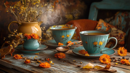 A warm, rustic autumn setup featuring herbal tea cups with calendula and dried flowers, arranged on a vintage wooden background, perfect for showcasing the benefits of medicinal teasの素材