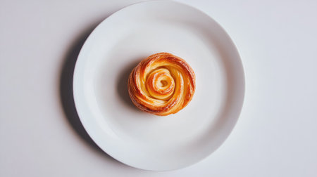 A white plate with a single palmier placed in the center, isolated on a white background, creating a high-contrast, minimalist composition perfect for food photographyの素材