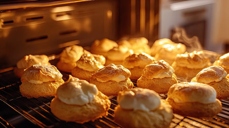A warm kitchen scene with homemade cream puffs baking in the oven, their golden shells expanding and turning crisp, ideal for a festive dessertの素材