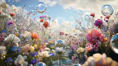 A dreamy 3D landscape featuring colorful spring flowers and water bubbles, creating an abstract scene that blends nature and surrealism.の素材