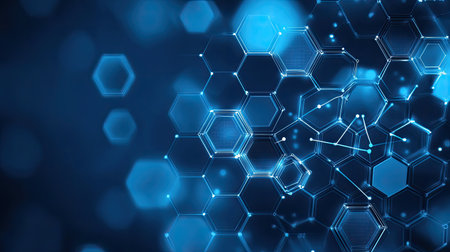 A modern abstract technology background with 3D hexagons, digital connections, and a gradient blue backdrop, symbolizing innovationの素材
