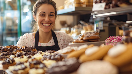 A smiling woman in a bakery carefully arranging freshly baked cookies and sweets, her display filled with an array of colorful and tempting treatsの素材