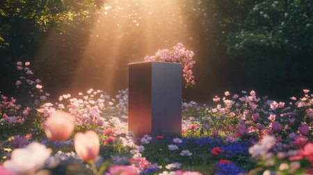 A serene beauty podium in the middle of a lush spring flower field, surrounded by blooming flowers and fresh greenery. 3D rendering with soft lighting.の素材