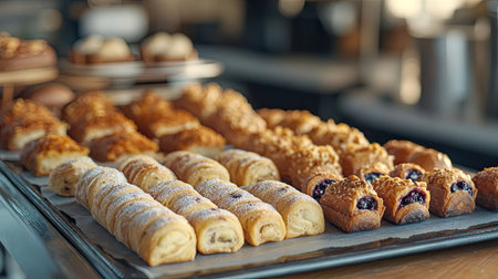A selection of cromboloni in different flavors like blueberry, almond, and honey, arranged neatly on a baking tray with a blurred cafe backgroundの素材