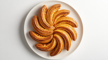 A top-down view of several palmiers arranged in a fan shape on a white plate, with no other elements, emphasizing the texture and color contrast against the white backgroundの素材
